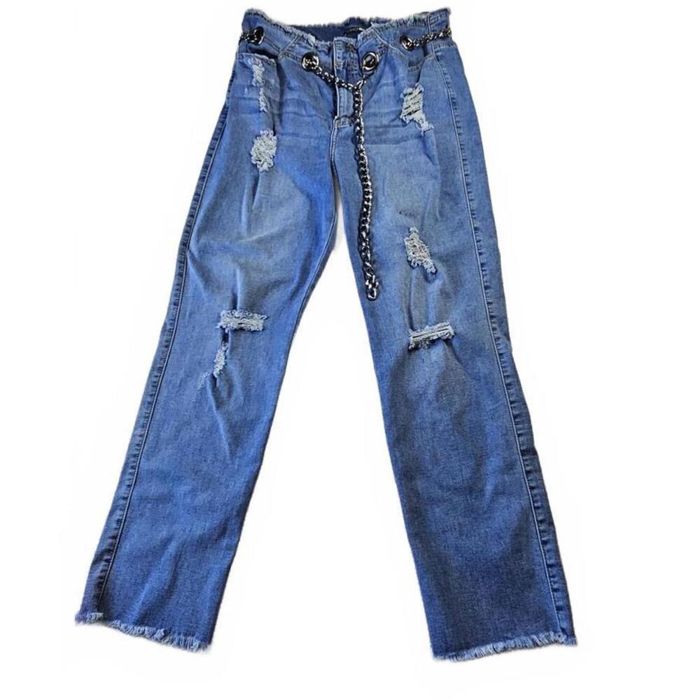 Fashion Nova XL High Waist Distressed Blue Denim Jeans with Chain Belt